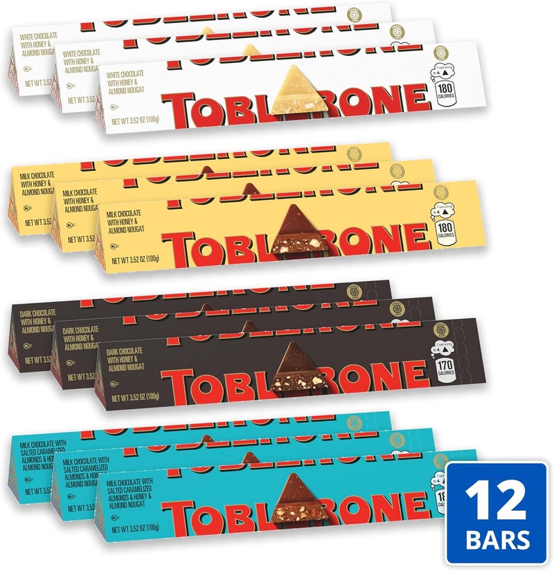 Toblerone طقم بار الشوكولاتة المتنوعة توبليرون (حليب، داكن، أبيض، ولوز مكرمل بالملح)، 12 - 3.52 أونصة بار - Image 3
